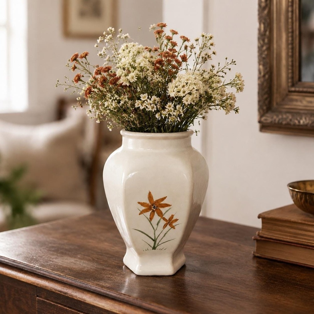 Vintage Hand Painted Ceramic Vase - White Hexagonal Footed Urn - Orange Floral